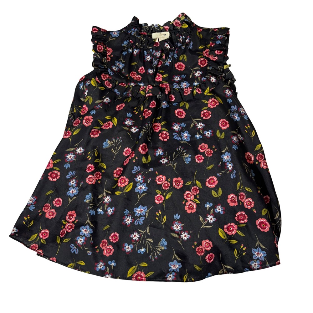 Kate Spade New York Black Floral Ruffle High Neck Sleeveless Top XS NJMU8865